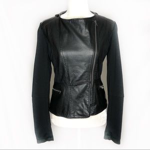 Bernardo Knit Sleeve Faux Leather Moto Jacket